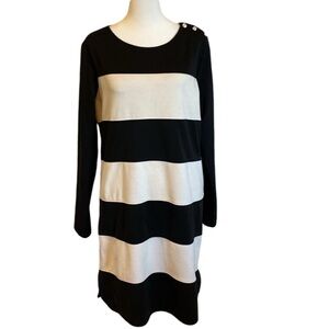 Cremieux sheath dress. Size L. Black and white stripe, long sleeve.